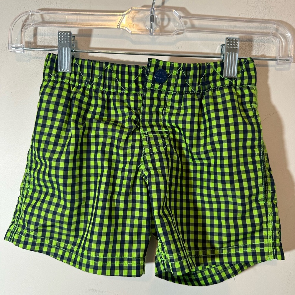 SUNDEK Swim Short Elastic Waist Snap Closure Boy’s Size 2 Green Checker/Stripes
